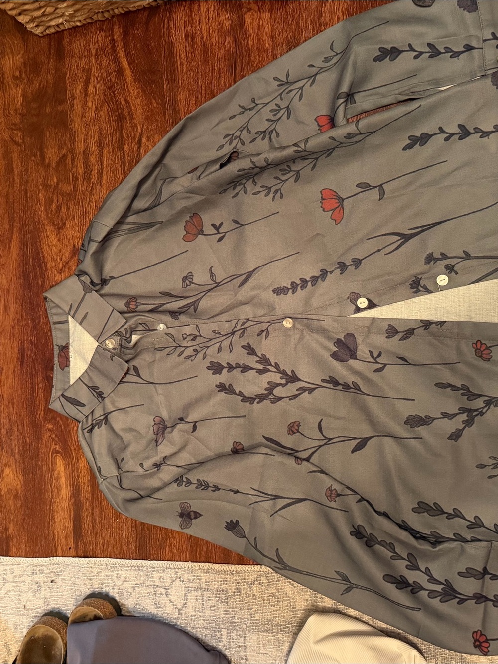 Floral Button-Up Blouse in Sage Gray with Red Accents